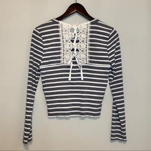 American Rag Long Sleeve Striped Tee w/ Lace Back
